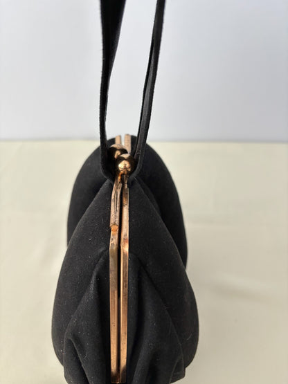 1940s Black Suede Wristlet Evening Bag
