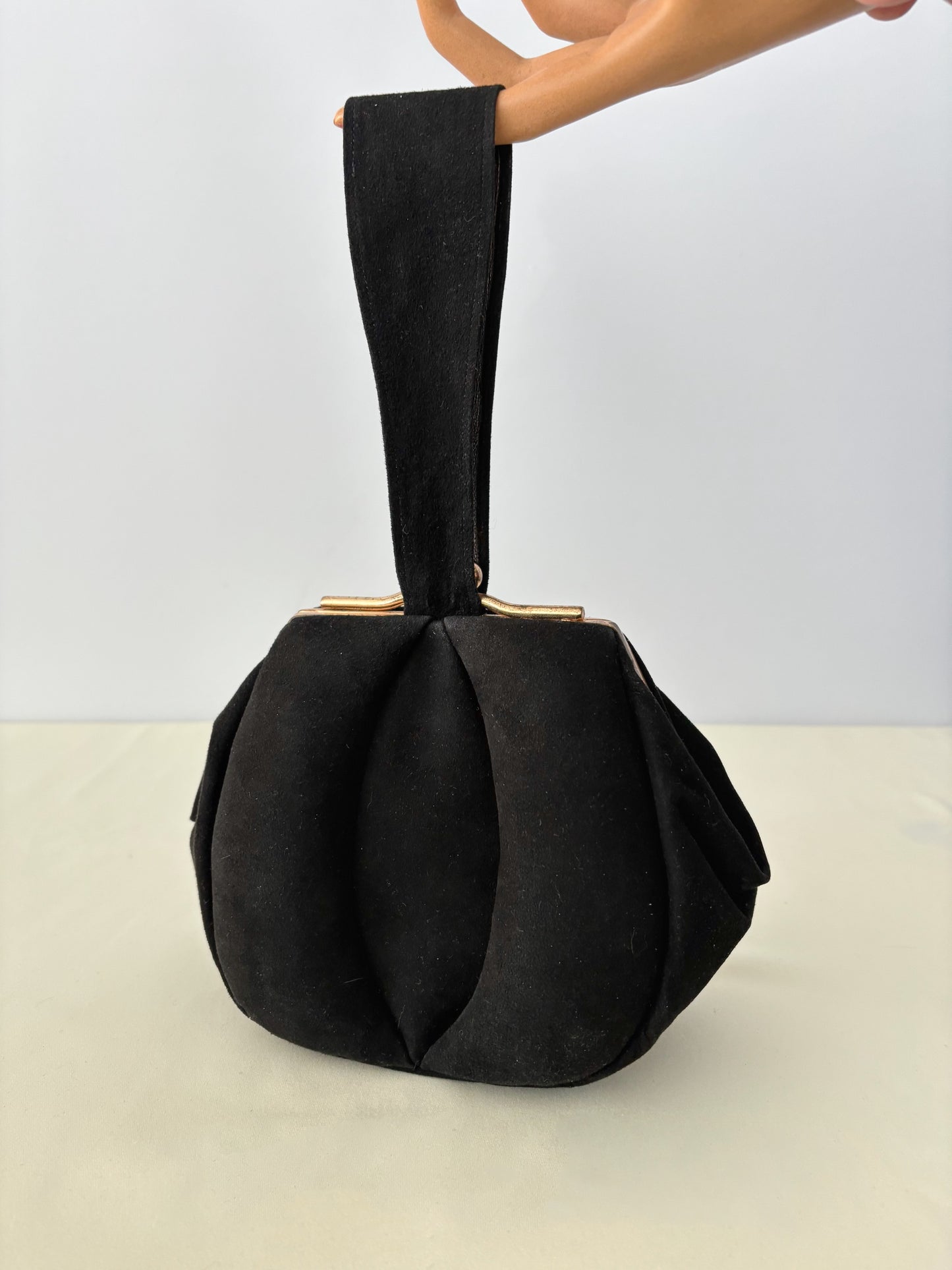 1940s Black Suede Wristlet Evening Bag