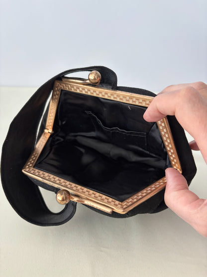 1940s Black Suede Wristlet Evening Bag
