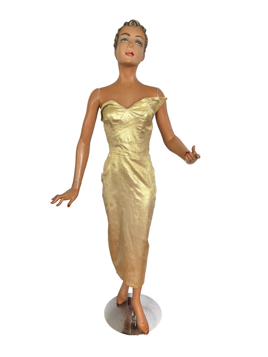 1950s Style Strapless Gold Lamé Evening Dress with Fishtail | XS