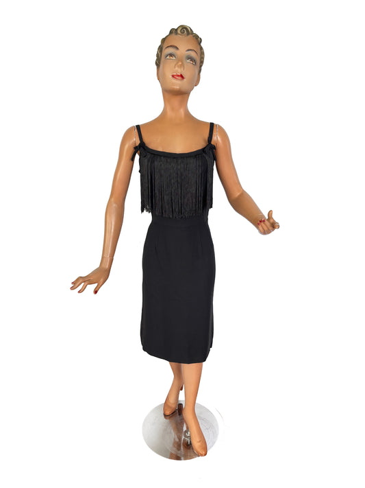 1950s Black Crepe Fringe Cocktail Dress | XS
