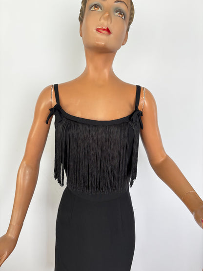 1950s Black Crepe Fringe Cocktail Dress | XS