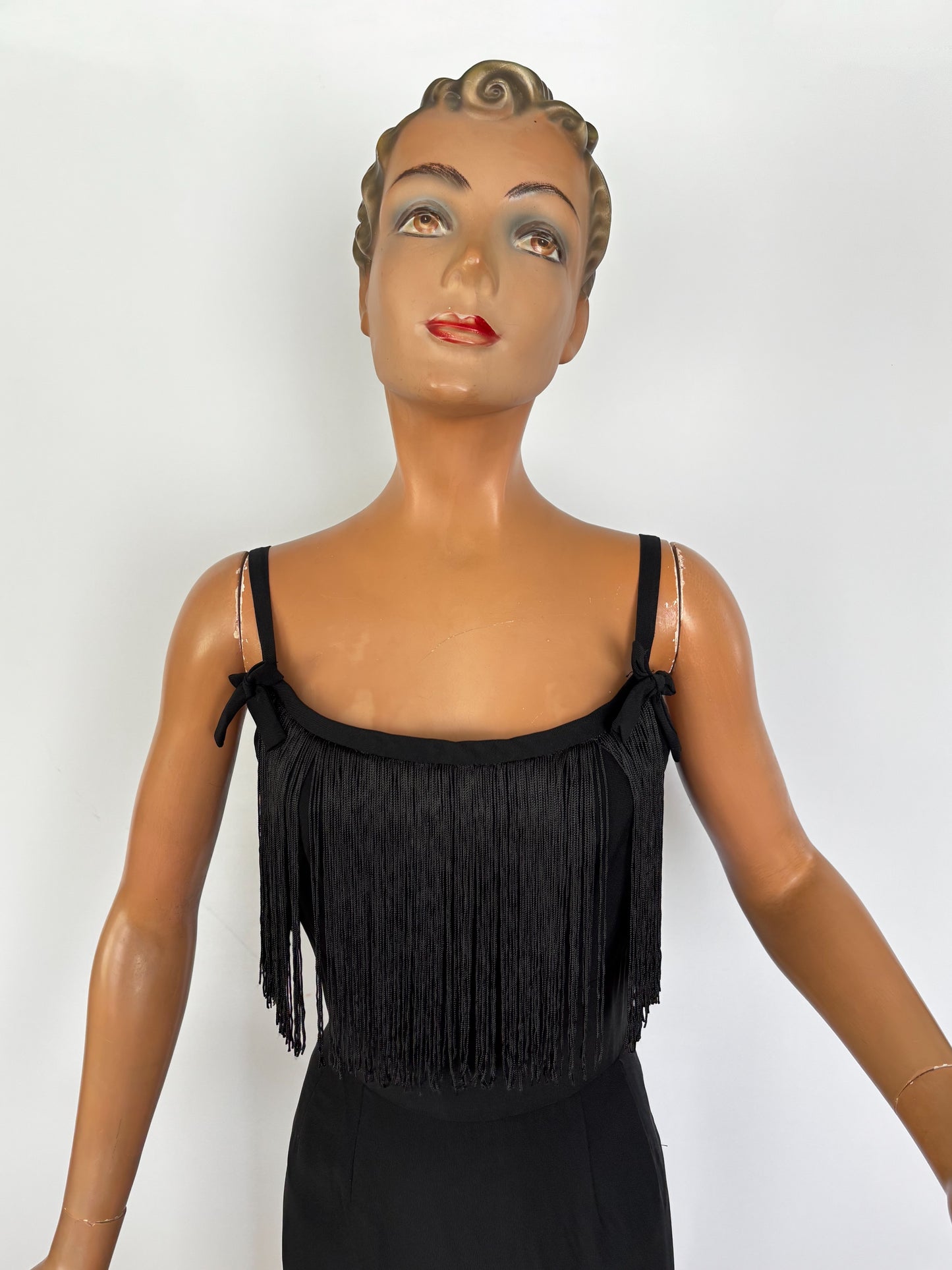 1950s Black Crepe Fringe Cocktail Dress | XS