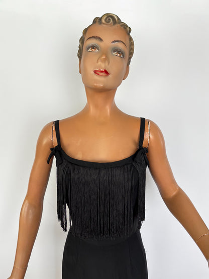 1950s Black Crepe Fringe Cocktail Dress | XS