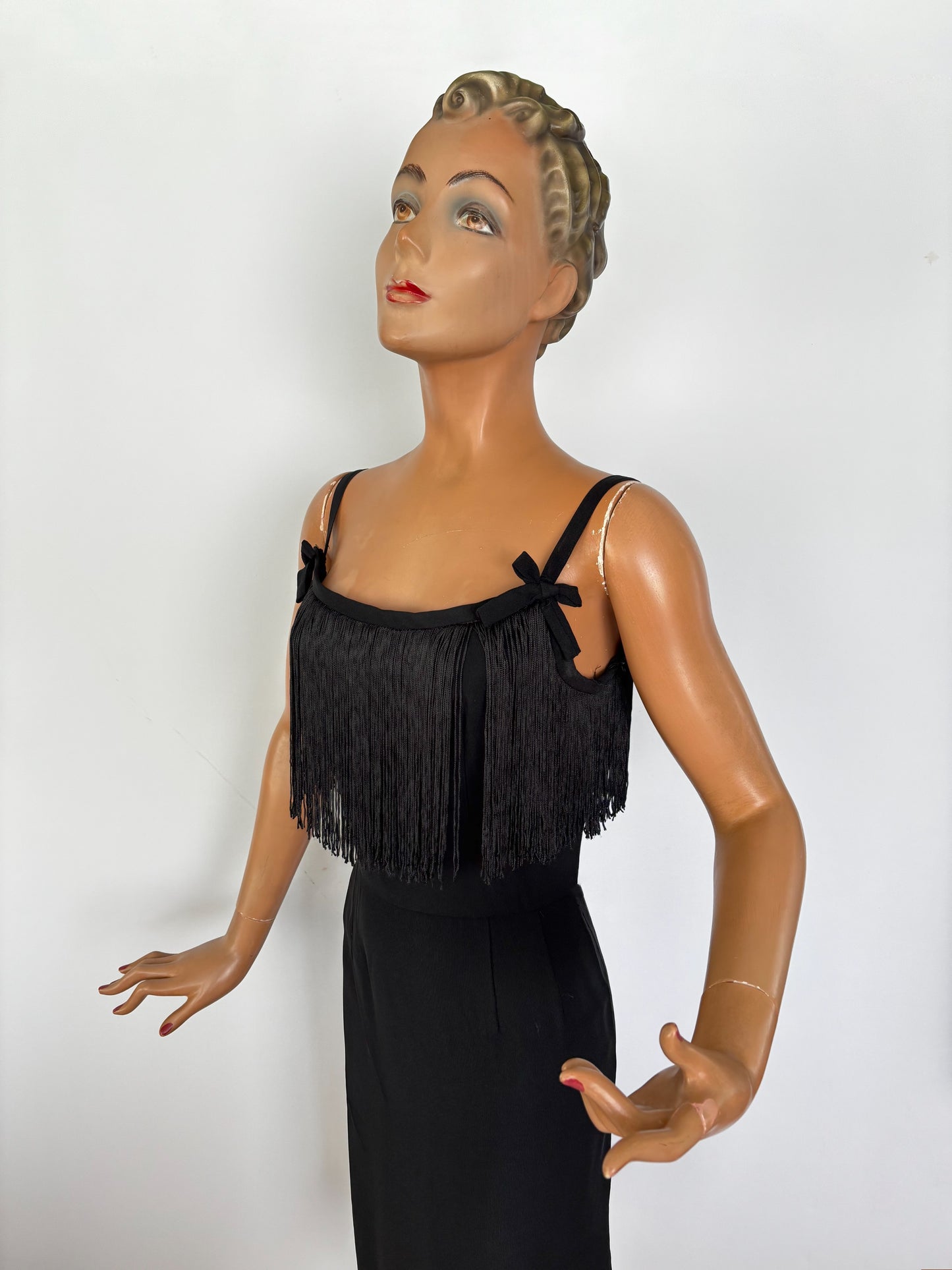 1950s Black Crepe Fringe Cocktail Dress | XS
