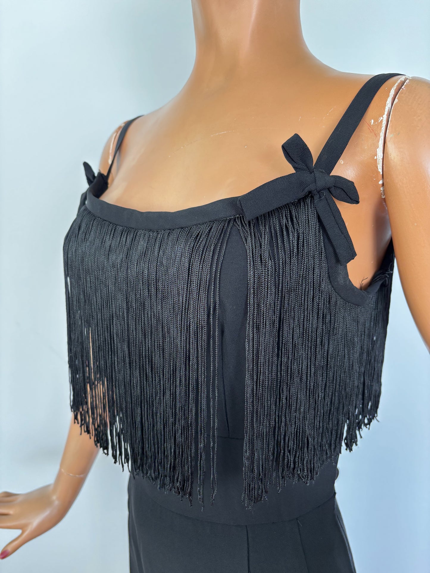 1950s Black Crepe Fringe Cocktail Dress | XS