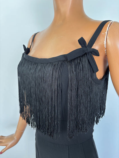 1950s Black Crepe Fringe Cocktail Dress | XS