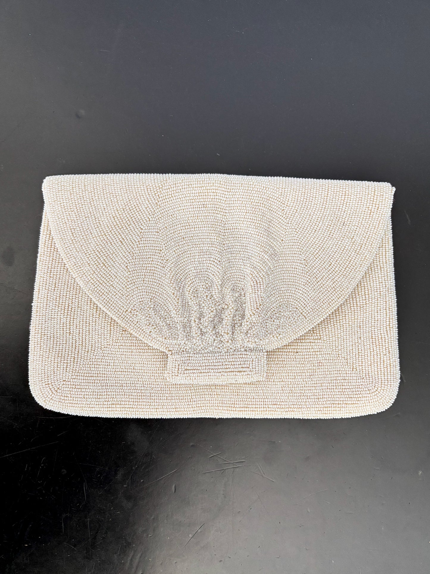 1950s/60s White Beaded Clutch Bag Handmade In Japan