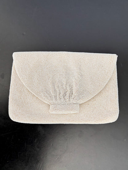1950s/60s White Beaded Clutch Bag Handmade In Japan