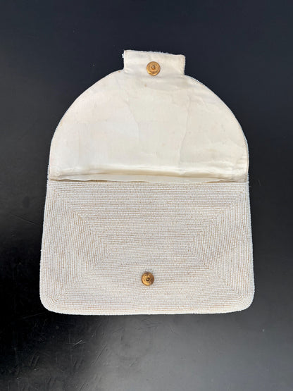 1950s/60s White Beaded Clutch Bag Handmade In Japan