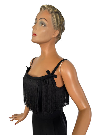 1950s Black Crepe Fringe Cocktail Dress | XS