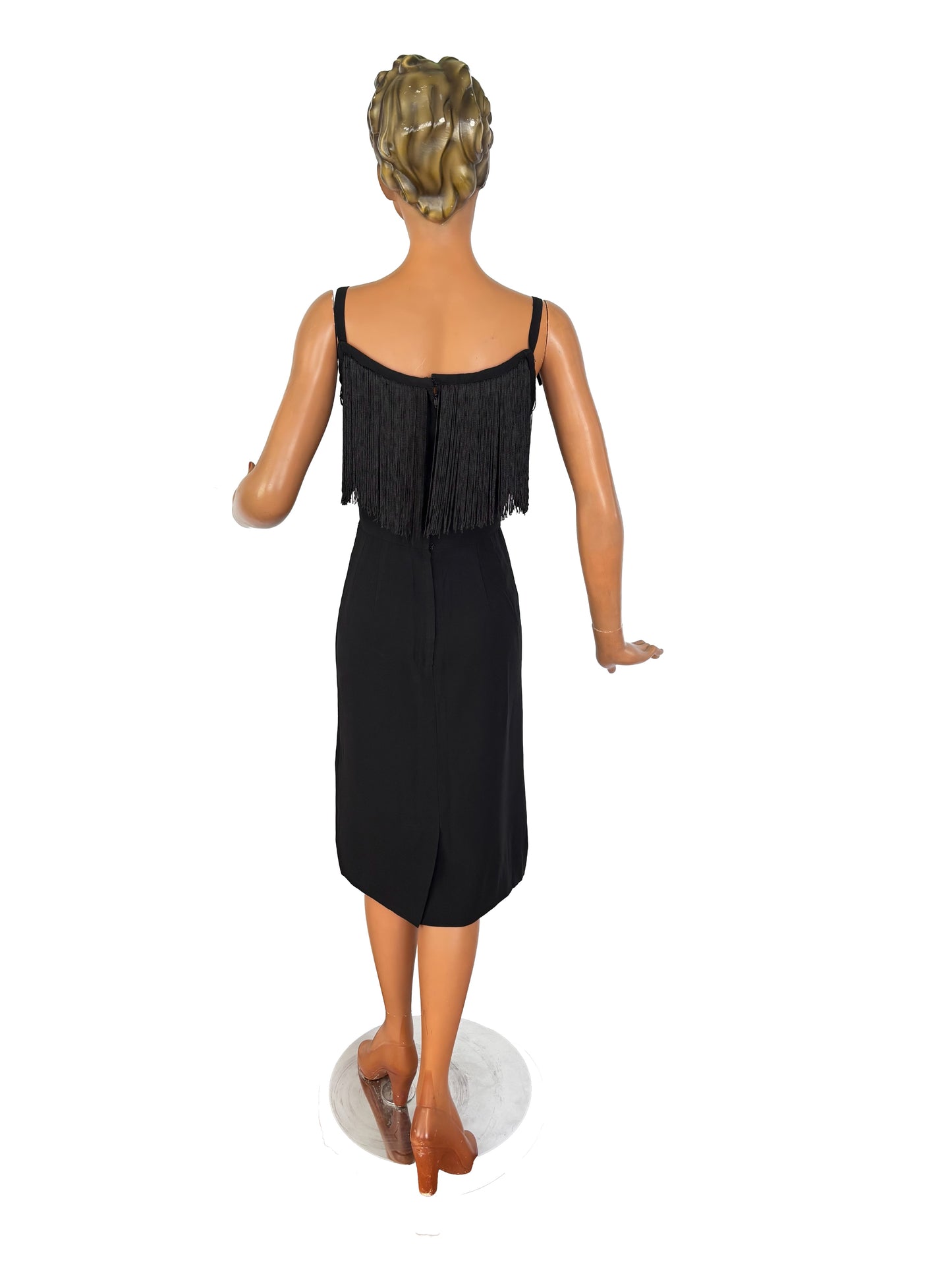 1950s Black Crepe Fringe Cocktail Dress | XS