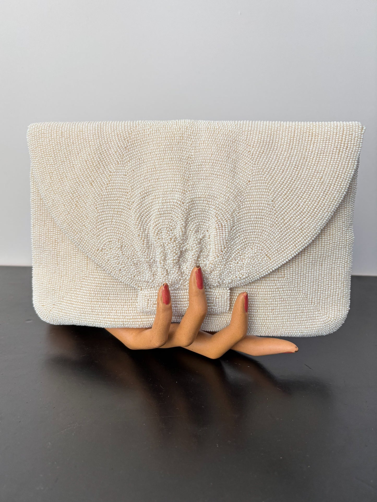 1950s/60s White Beaded Clutch Bag Handmade In Japan