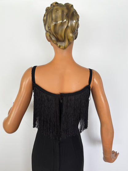 1950s Black Crepe Fringe Cocktail Dress | XS
