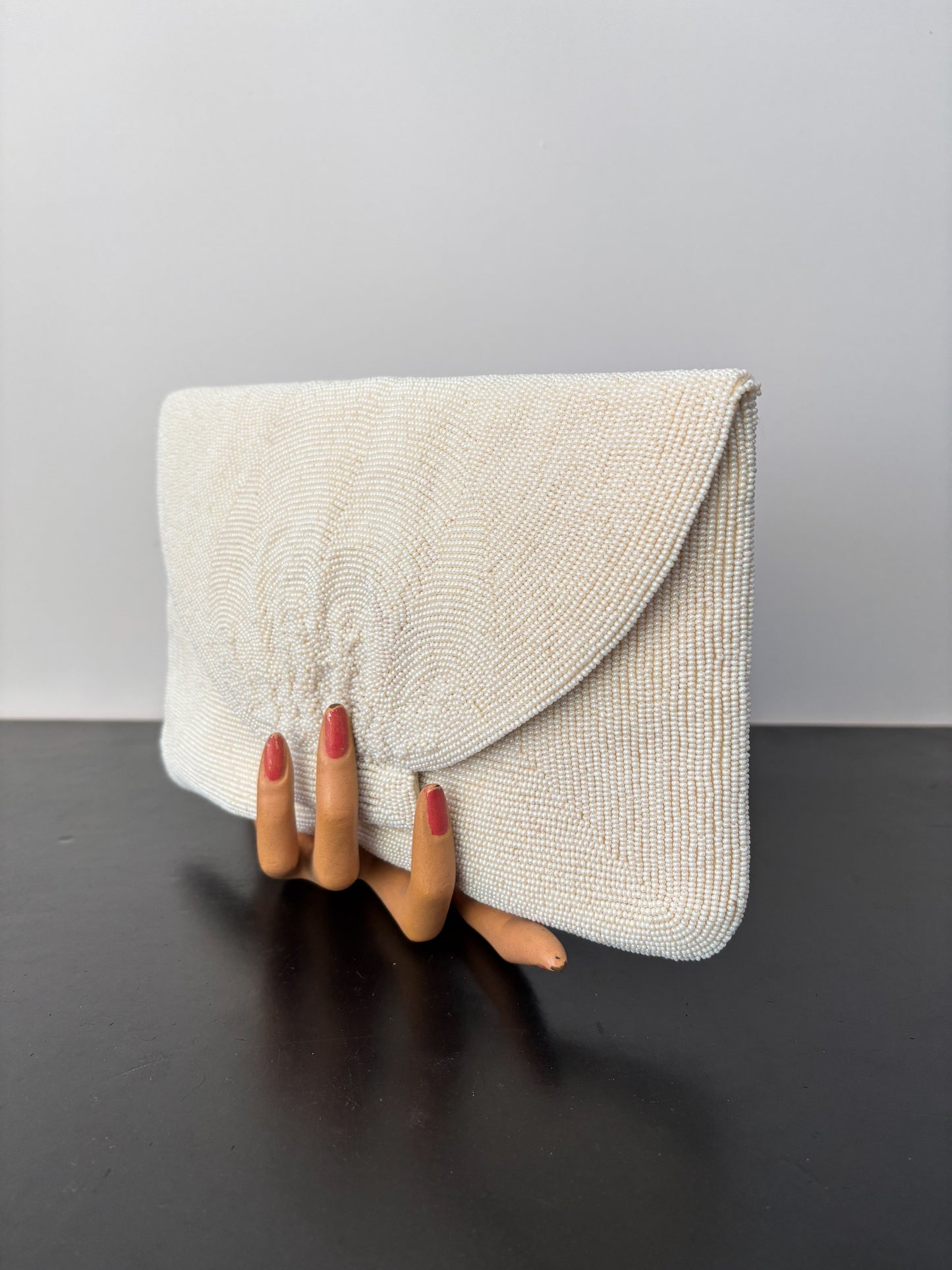 1950s/60s White Beaded Clutch Bag Handmade In Japan