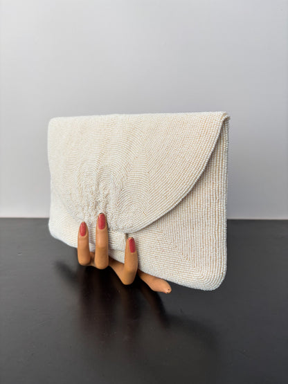 1950s/60s White Beaded Clutch Bag Handmade In Japan