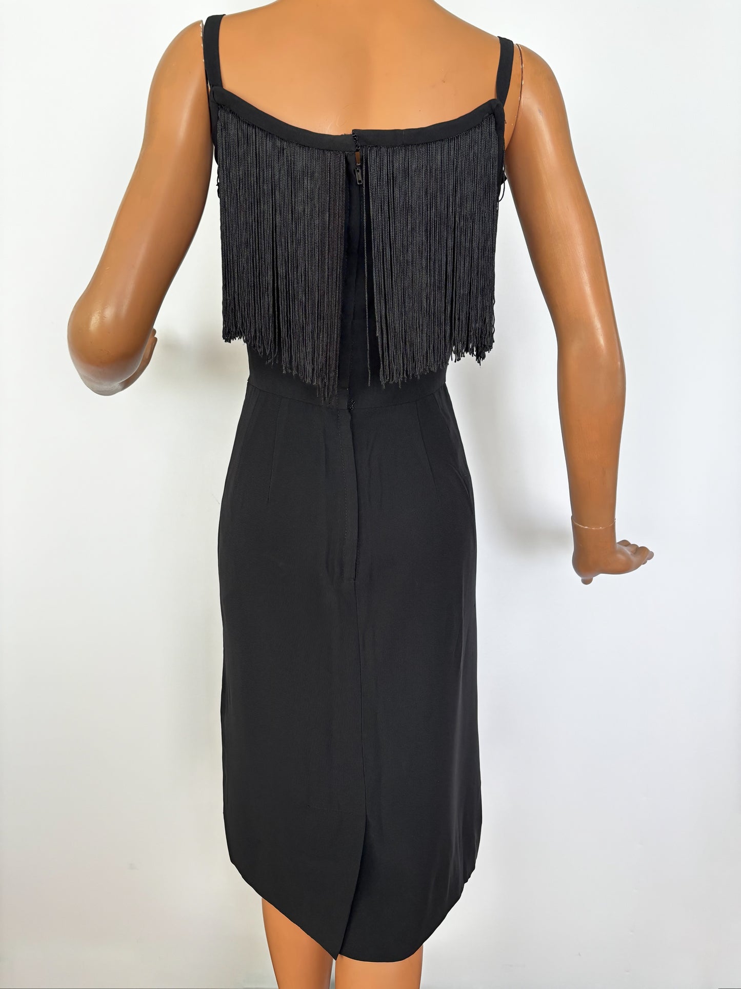1950s Black Crepe Fringe Cocktail Dress | XS