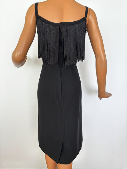 1950s Black Crepe Fringe Cocktail Dress | XS