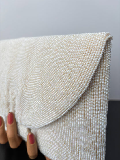 1950s/60s White Beaded Clutch Bag Handmade In Japan