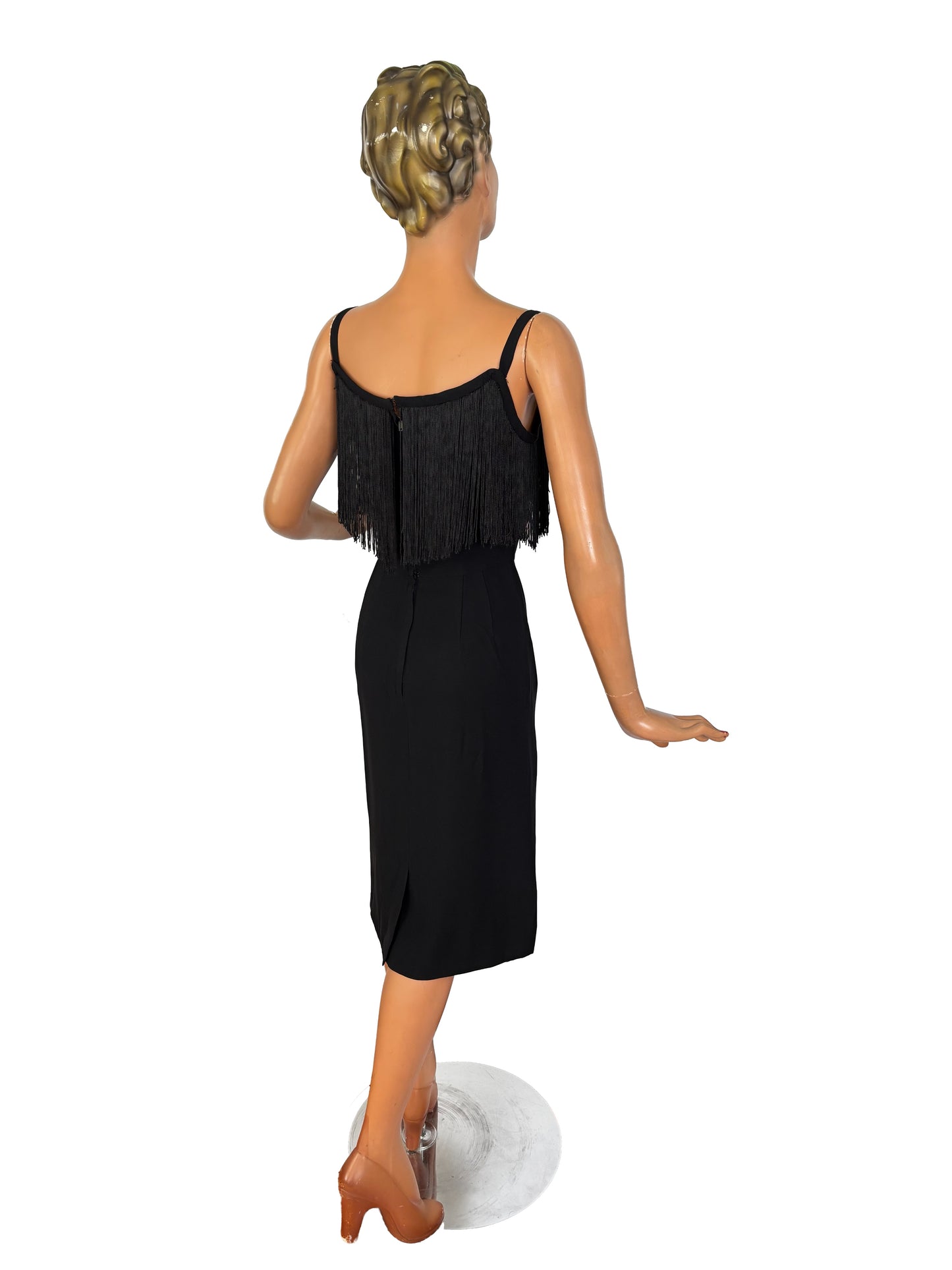 1950s Black Crepe Fringe Cocktail Dress | XS