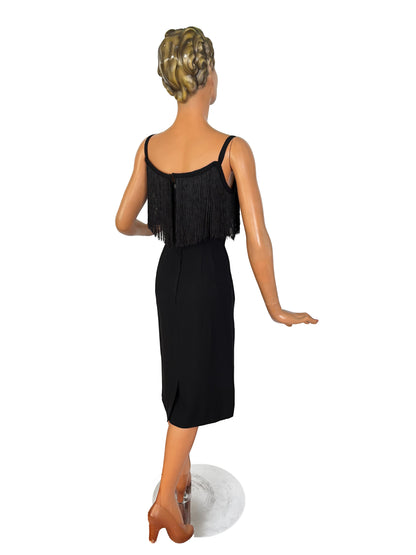 1950s Black Crepe Fringe Cocktail Dress | XS