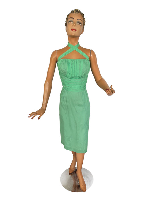1950s Jr. Theme New York Seafoam Green Chiffon Halterneck Dress | XS/S