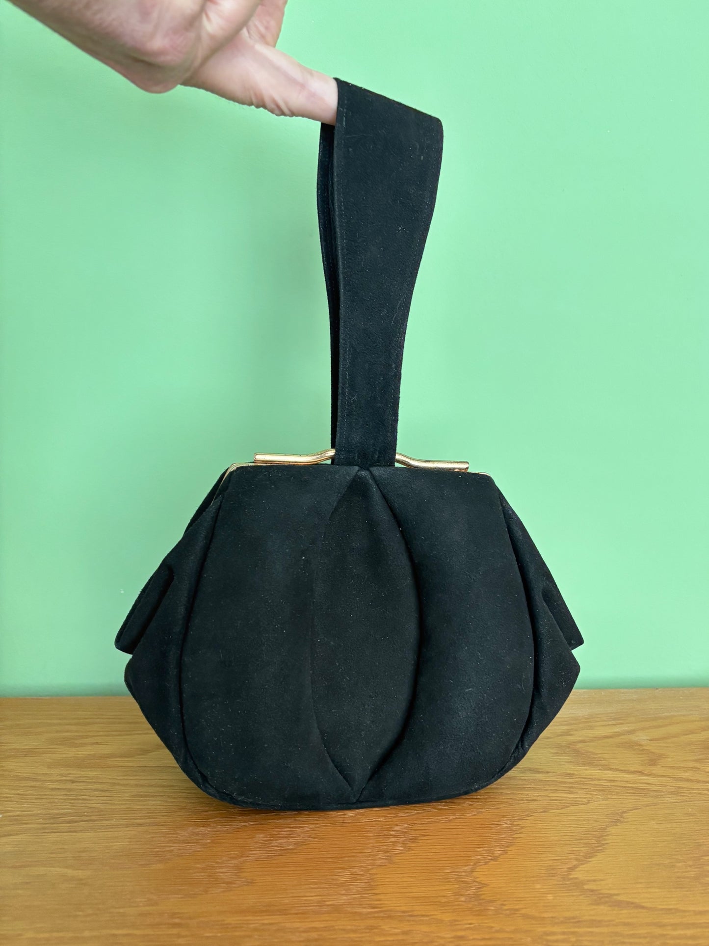1940s Black Suede Wristlet Evening Bag