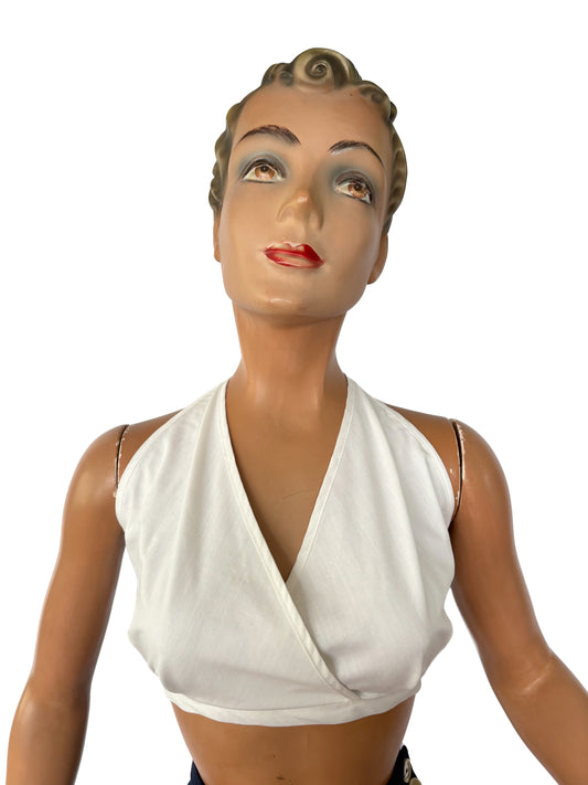 Vintage Off-White Cotton Halter Bra Top With Fold-Over Bust | S–XL