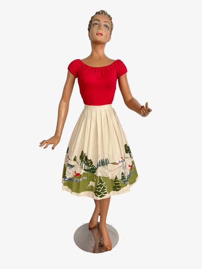 M | 1950s/60s Novelty Print Skirt Cream Cotton Deer Border Print