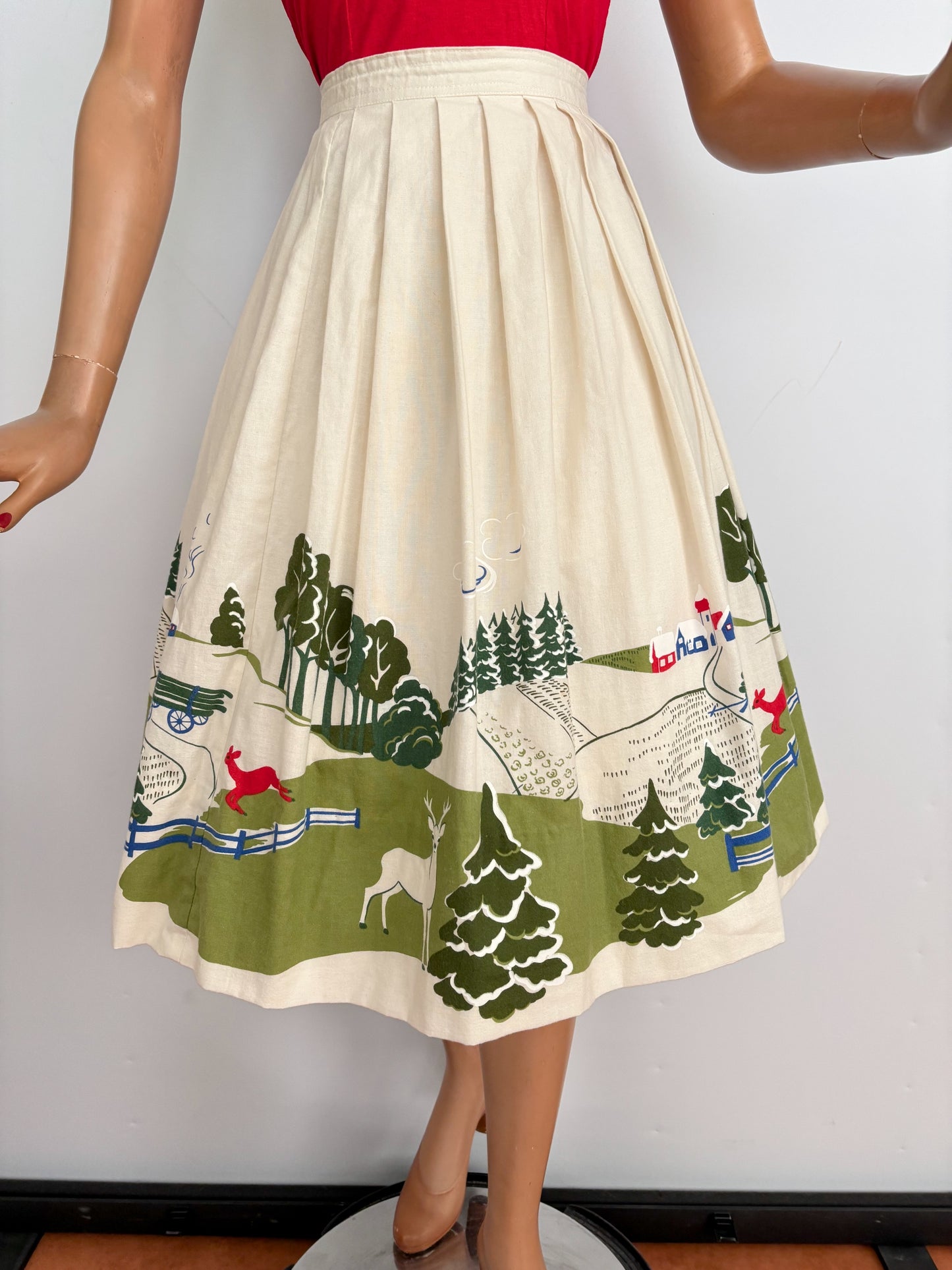 M | 1950s/60s Novelty Print Skirt Cream Cotton Deer Border Print