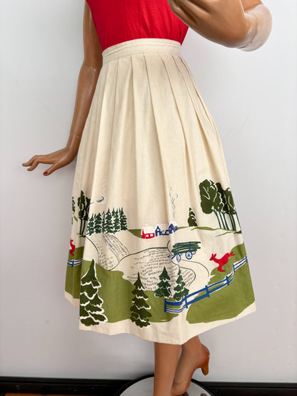 M | 1950s/60s Novelty Print Skirt Cream Cotton Deer Border Print