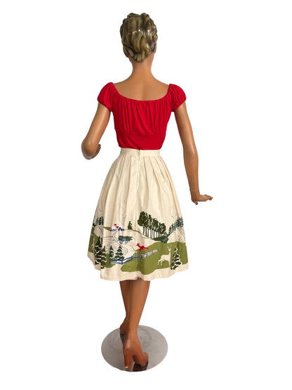 M | 1950s/60s Novelty Print Skirt Cream Cotton Deer Border Print