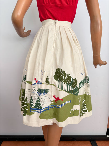 M | 1950s/60s Novelty Print Skirt Cream Cotton Deer Border Print