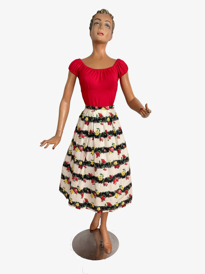 M | 1950s Floral Textured Cotton Skirt