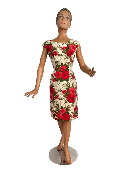M | 1950s/60s Silk Floral Wiggle Dress
