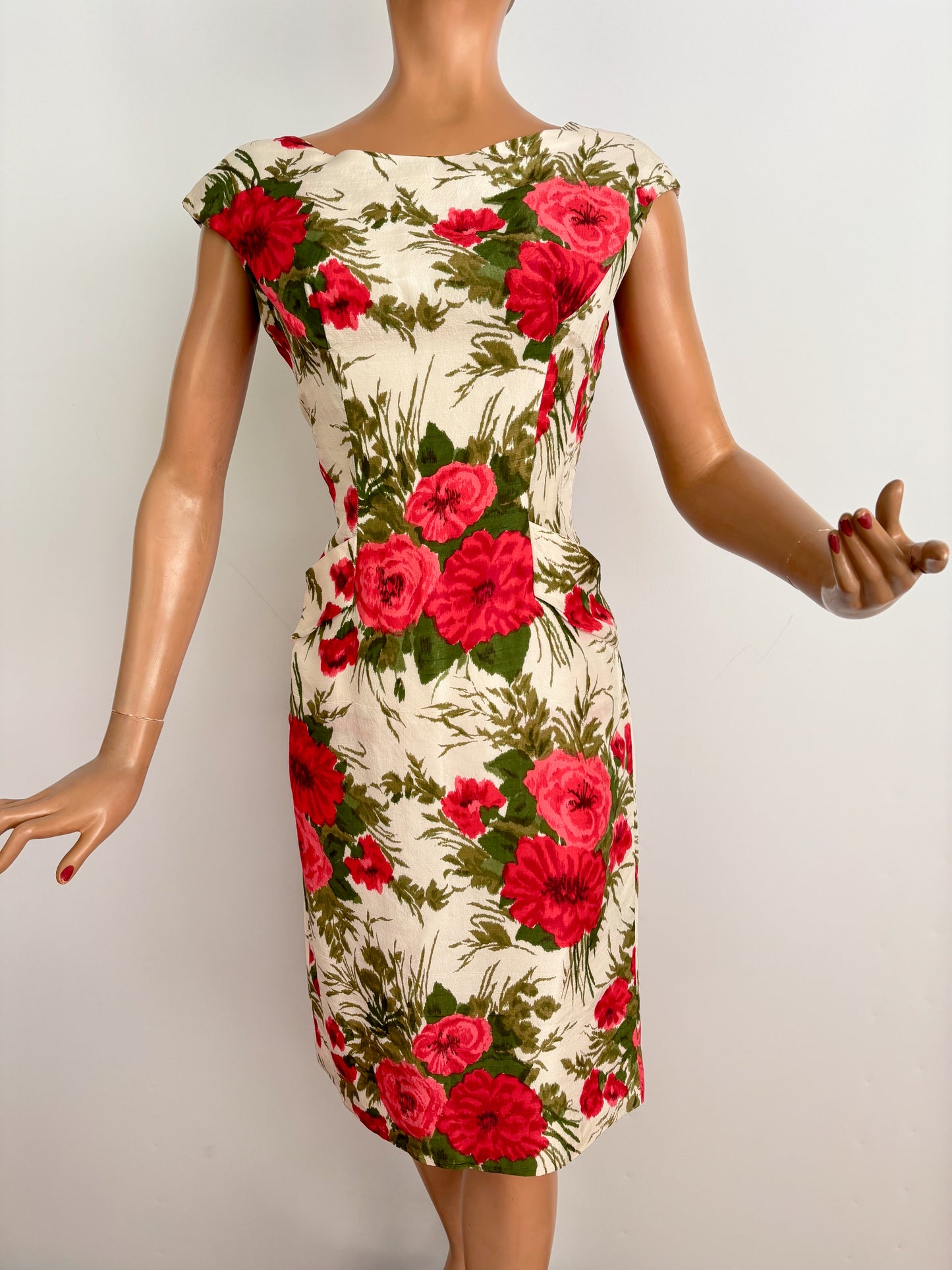 M | 1950s/60s Silk Floral Wiggle Dress