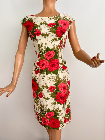 M | 1950s/60s Silk Floral Wiggle Dress