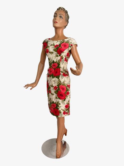 M | 1950s/60s Silk Floral Wiggle Dress