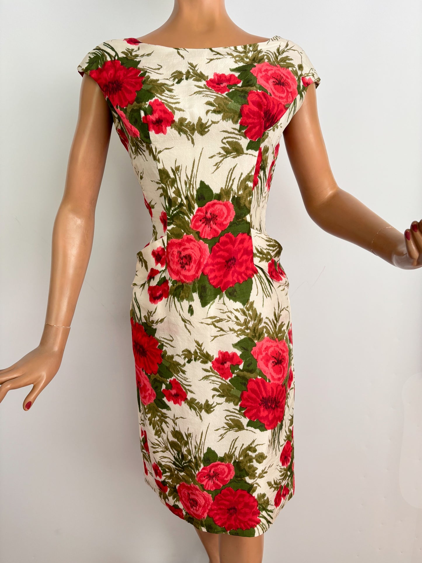 M | 1950s/60s Silk Floral Wiggle Dress
