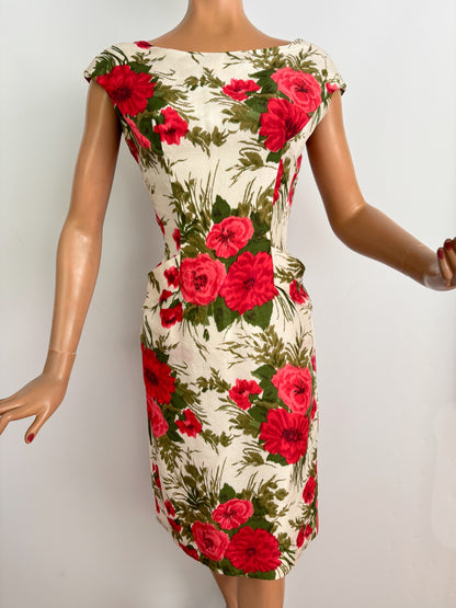 M | 1950s/60s Silk Floral Wiggle Dress