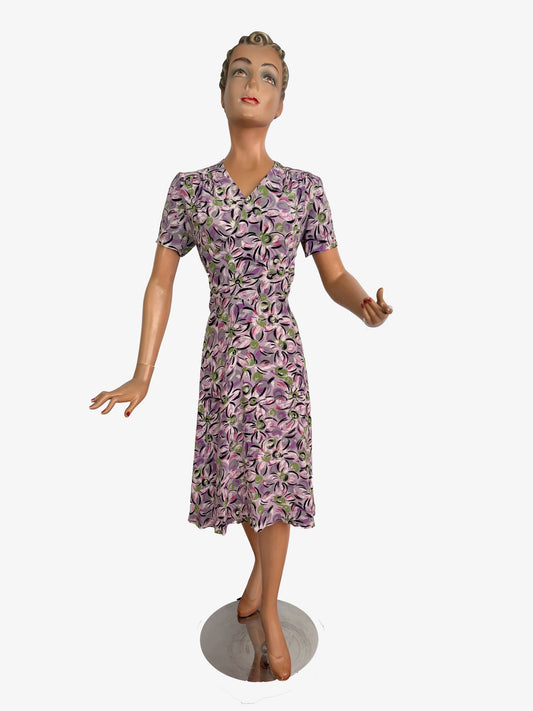 S | 1940s Rayon Day Dress