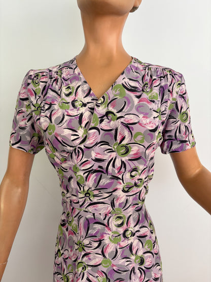 S | 1940s Rayon Day Dress