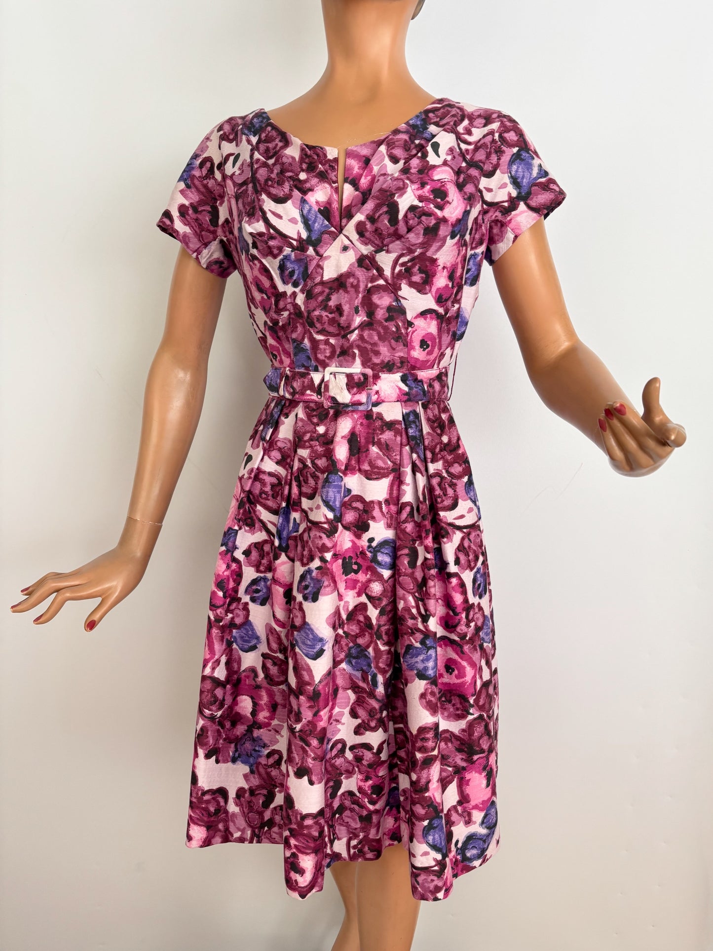 M | 1950s/60s Floral Cotton Dress With Belt