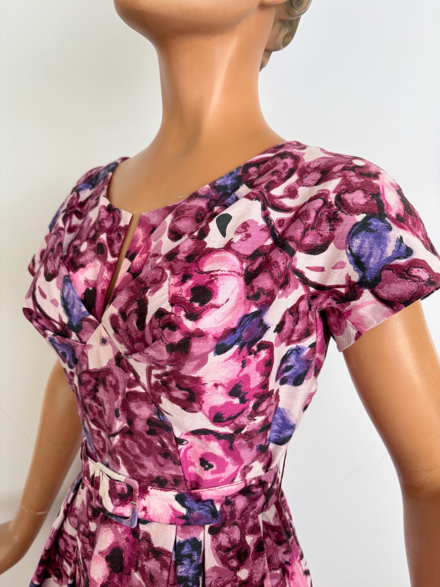 M | 1950s/60s Floral Cotton Dress With Belt