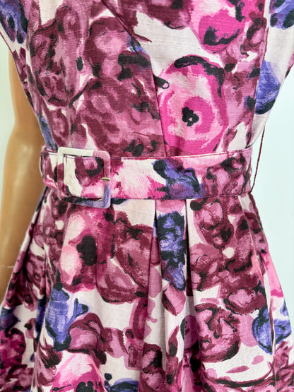 M | 1950s/60s Floral Cotton Dress With Belt