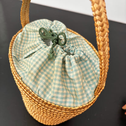 Vintage 1950s Straw Bucket Bag with Cherry Appliqué