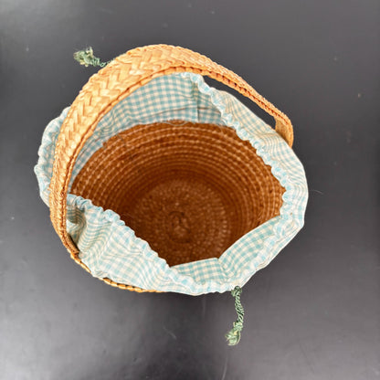 Vintage 1950s Straw Bucket Bag with Cherry Appliqué