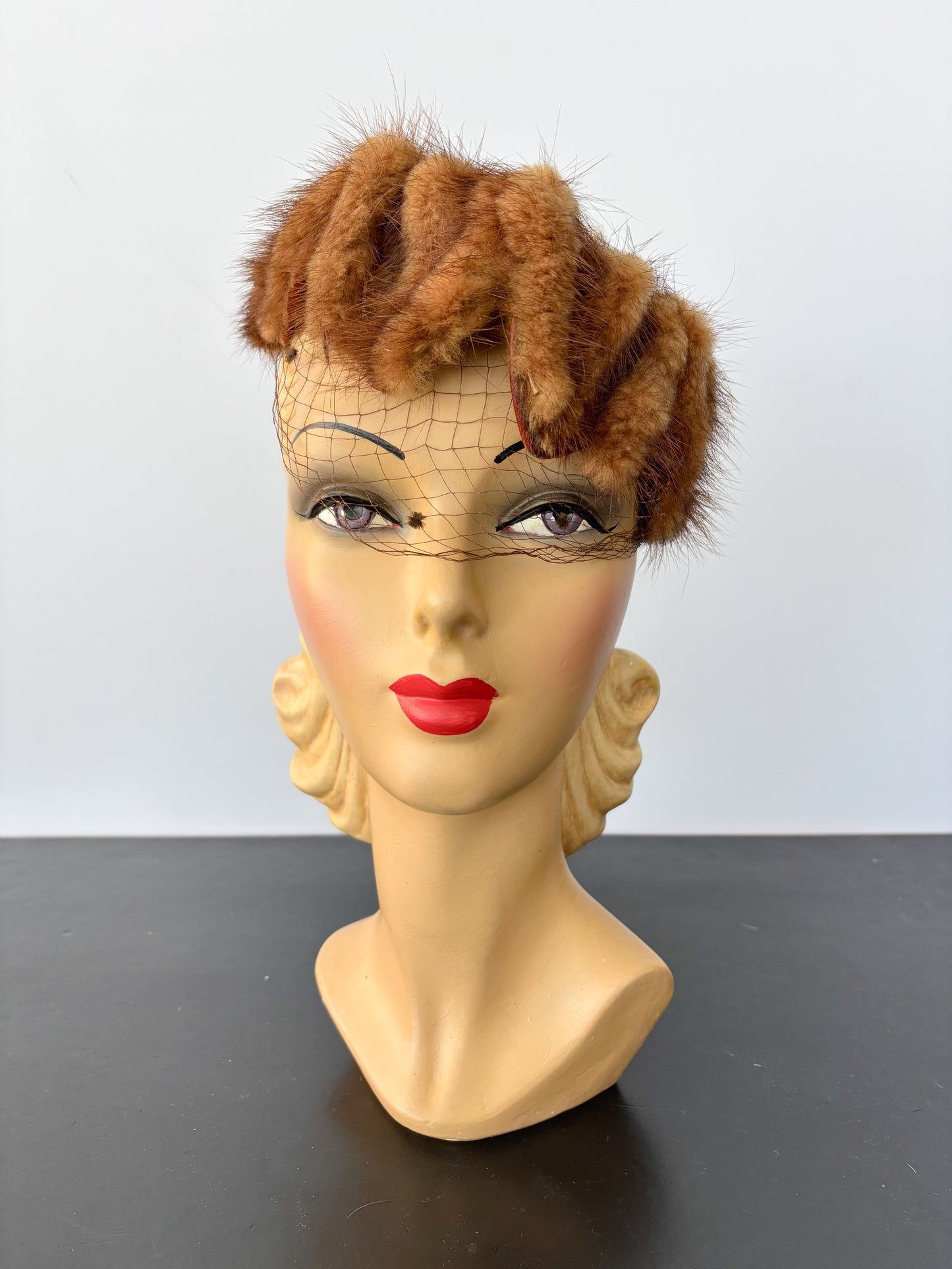 1950s Fur Veil Fascinator Copper Brown