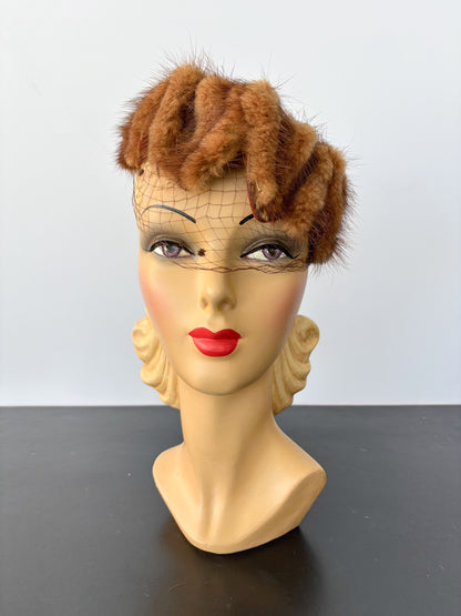 1950s Fur Veil Fascinator Copper Brown