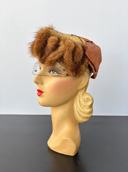 1950s Fur Veil Fascinator Copper Brown